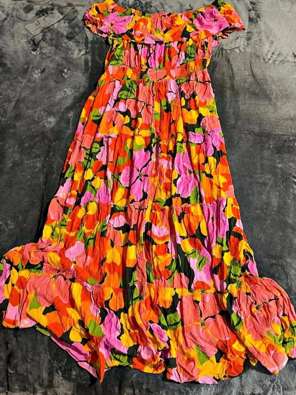 Terra & Sky Crinkle Off Shoulder Maxi Dress Floral Maxi Dress Orange & Pink 2X